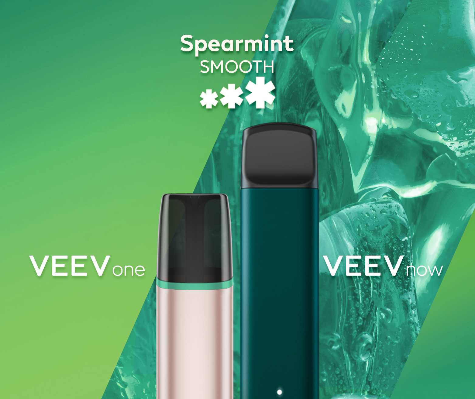 A VEEV ONE pod device and VEEV NOW dispo sable, both in Spearmint flavour.